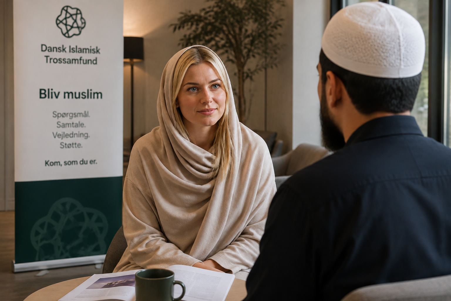 En DIT-vejleder i fortrolig samtale med en borger, der overvejer at blive muslim