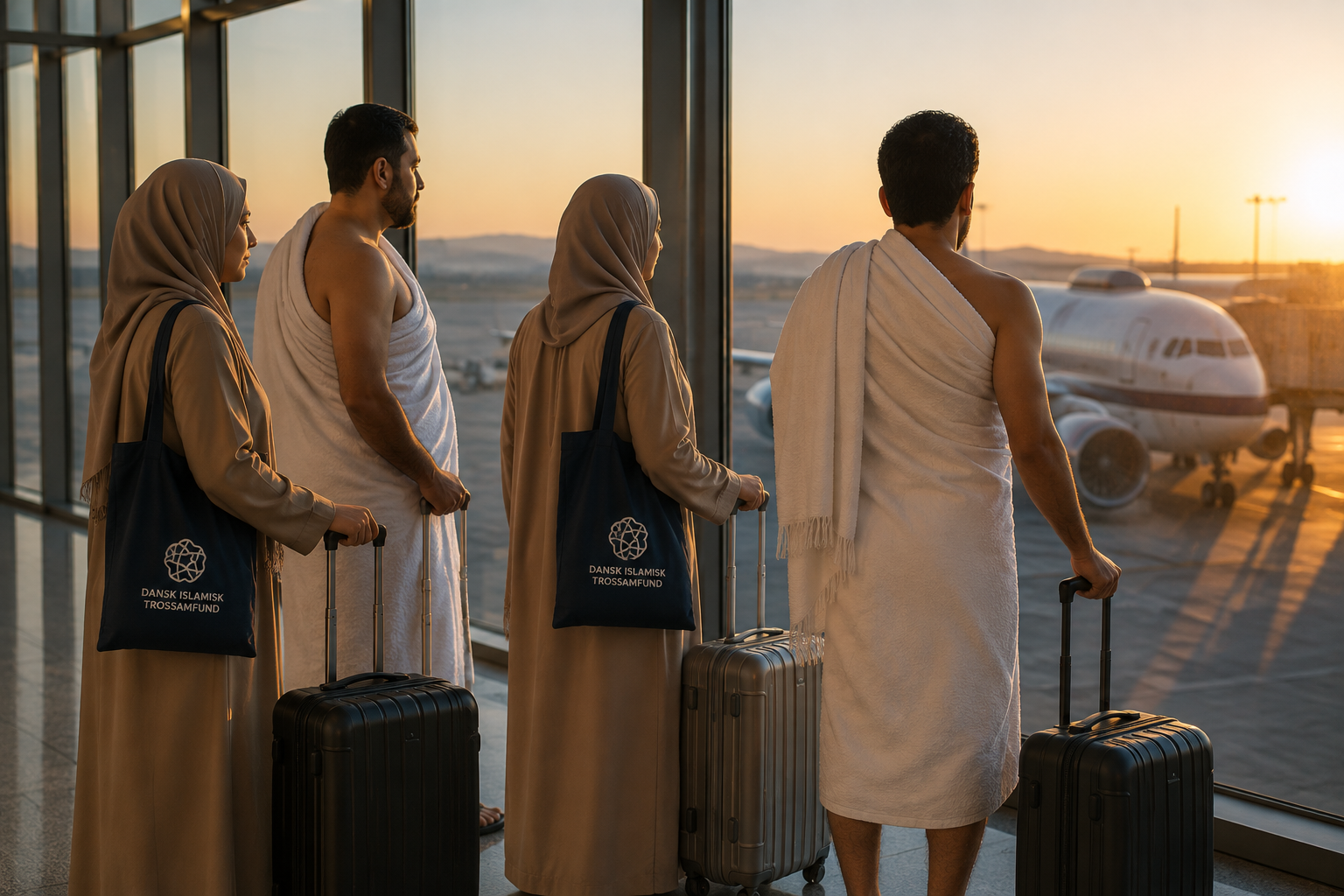 Danske pilgrimme i ihram-klæder på vej mod flyet ved solnedgang