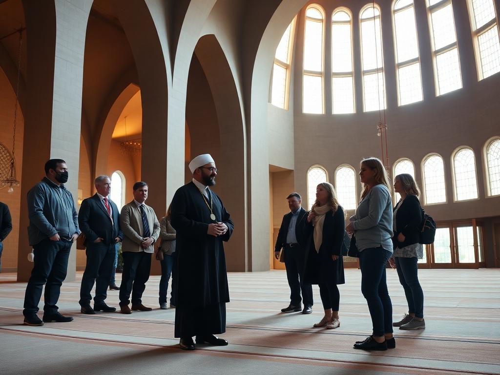 En imam viser en gruppe besøgende rundt i en moské under Åben Moské