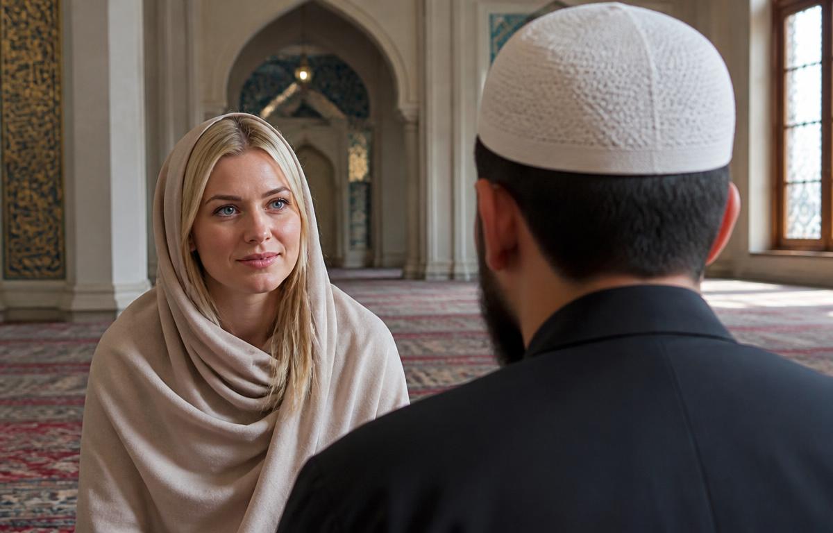 En kvinde med halvt tørklæde i samtale med en imam i en moské