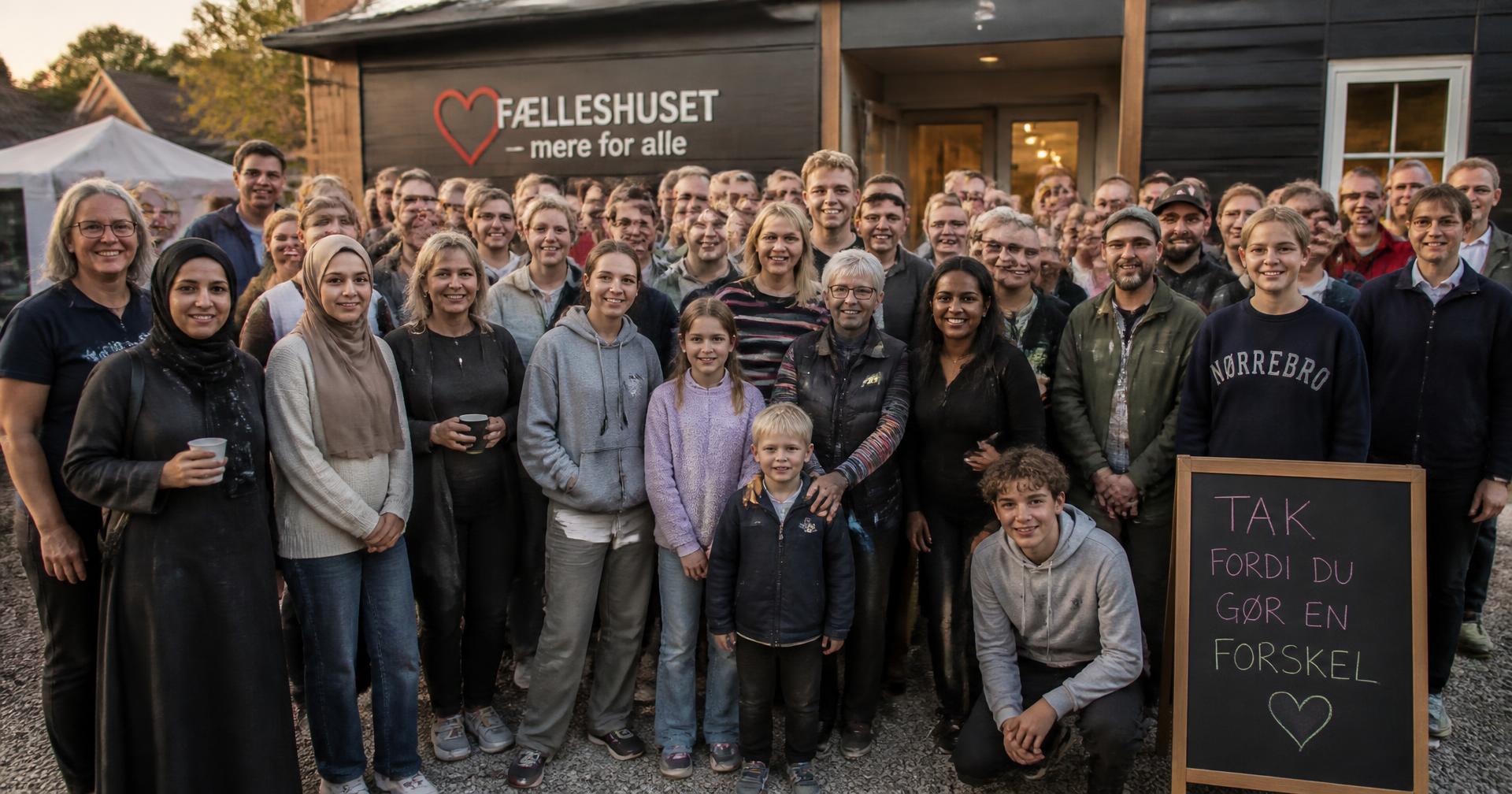 Frivillige og medlemmer samlet foran et dansk fælleshus